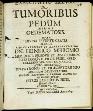 Exercitatio Medica De Tumoribus Pedum Imprimis Oedematosis