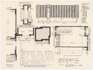 Arzthaus Prof. Bernhardt, Berlin-Charlottenburg: Gartentür mit Tor mit Details: Ansicht, Schnitt 1:10, Details Türschild 1:1