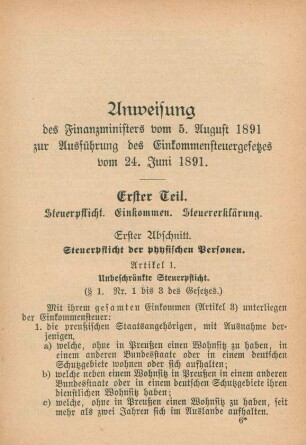 Anweisung des Finanzministers vom 5. August 1891 zur Ausführung des Einkommensteuergesetzes vom 24. Juni 1891