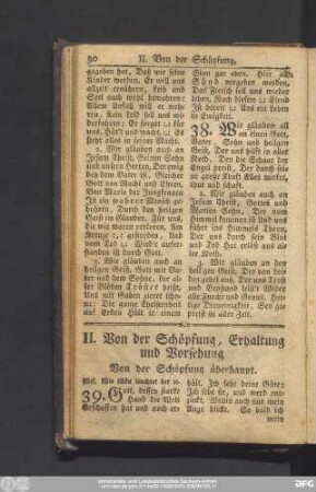 II. Von der Schöpfung, Erhaltung udn Vorsehung.