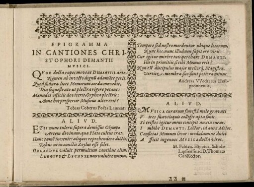Epigramma In Cantiones Christophori Damantii Musici