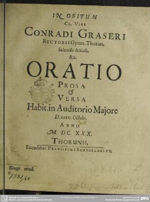 In obitum Conradi Graseri rectoris gymn. Thorun. oratio