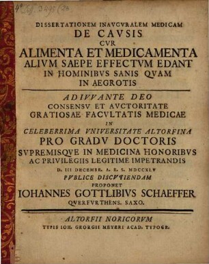 Diss. inaug. med. de causis, cur alimenta et medicamenta alium saepe effectum edant in hominibus sanis quam in aegrotis