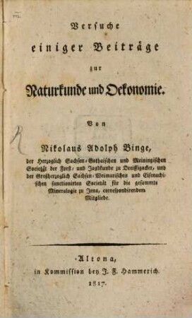Versuche einiger Beyträge zur Naturkunde und Oekonomie