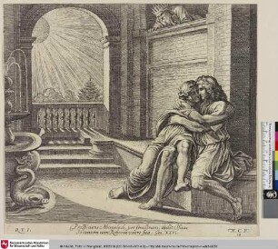 [Abimelech sieht Isaac Rebecca liebkosen.; Abimelech aperçoit Isaac caressant Rebecca.]
