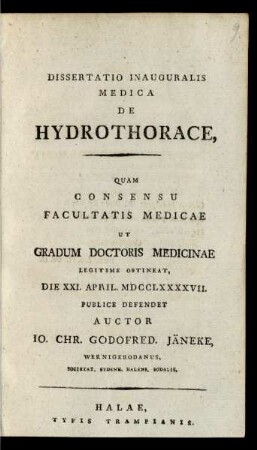 Dissertatio Inauguralis Medica De Hydrothorace