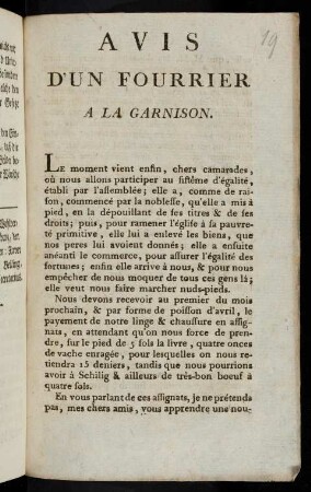 Avis D'Un Fourrier A La Garnison