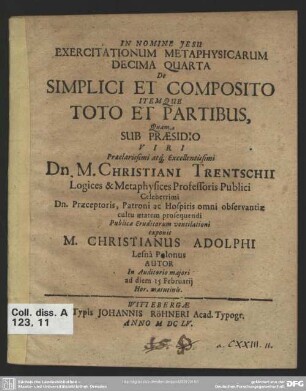 Exercitationum metaphysicarum decima quarta ... De simplici et composito itemque toto et partibus