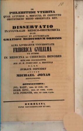 De phlebitide uterina quae autumno a. 1840 in institutio obstetricio regio observata est