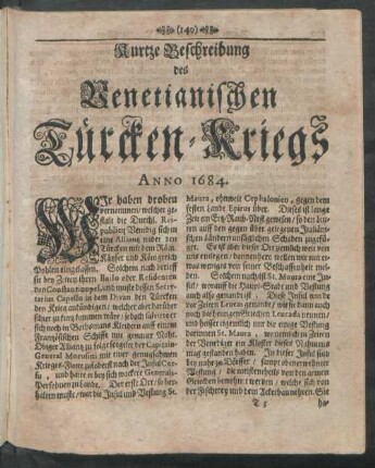 Kurtze Beschreibung des Venetianischen Türcken-Kriegs Anno 1684.