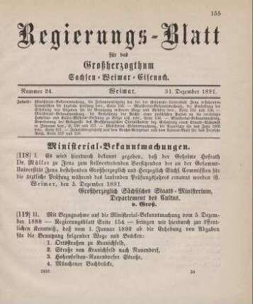 118. Ministerial-Bekanntmachung, die Zusammensetzung der bei der Gesammt-Universität Jena bestehenden Commission für ärztliche Prüfung betreffend