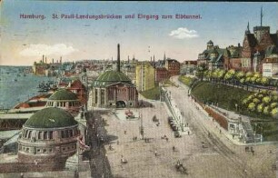 Hamburg. St. Pauli-Landungsbrücken und Eingang zum Elbtunnel.
