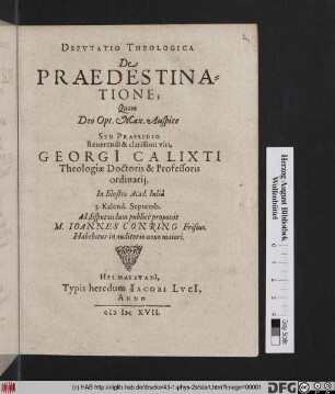Disputatio Theologica De Praedestinatione