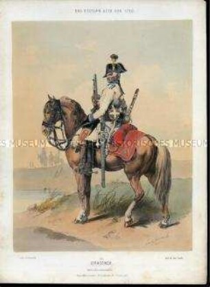 Uniformdarstellung, Dragoner zu Pferd, Österreich, 1790. Tafel 55 aus: Gerasch: Das Oesterreichische Heer.