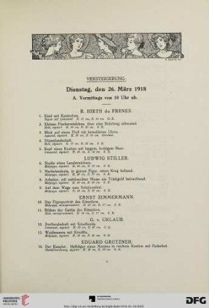 Versteigerung: Dienstag, den 26. März 1918 (Nr. 1-233)