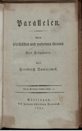 Parallelen. Vom griechischen und modernen Genius : Nur Fragmente