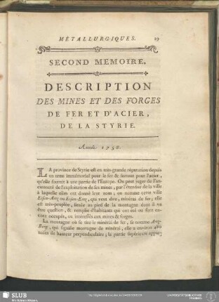 Second Memoire. Description Des Mines Et Des Forges De Fer Et D'Acier, De La Styrie. Année 1758