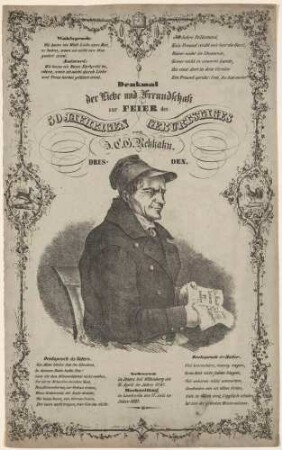 Erinnerungstafel zum 50. Geburtstag des Dresdner Originals, Uhrmachers und stadtbekannten Humoristen Johann Carl Gottfried Rehhahn (1793-1865) am 15. April 1843