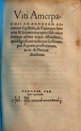 Ad Andream Alciatum epistola de furto per lanceam et licium concepto