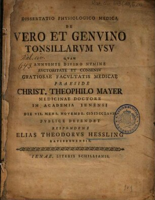 Dissertatio Physiologico Medica De Vero Et Genvino Tonsillarvm Vsv