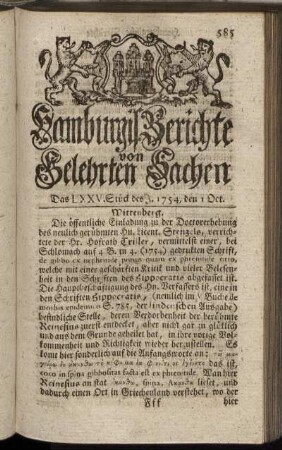Das LXXV. Stück des J. 1754, den 1 Oct. - Das LXXXIII. Stück des J. 1754, den 29 Oct.