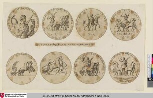 Octo Anteiqua Aurigarum Nomismata; [oben links:] Imp Nero Claudius Caesar Augustus Germanicus; [oben Mitte links:] Imp Nero Claudius Caes Aug Germ; [oben Mitte rechts:] Severi Augsti; [oben rechts:] Dominus Philocomus; [unten links:] C Marius;[unten Mitte links: Ein Wagenführer auf einem Streitwagen, im Hintergrund ein Gladiator im Kampf mit einem Löwen]; [unten Mitte rechts:] Imp Nero Caesar Augustus Germanicus; [unten rechts:] Nero Caesar Aug Germ