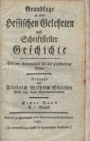 Grundlage zu einer hessischen Gelehrten und Schriftsteller-Geschichte. 1. A - Brand