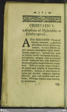 Observatio I. Apoplexia ab Hydatidibus in Cerebro repertis