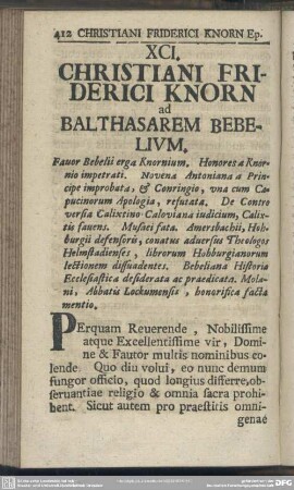 XCI. Christiani Friderici Knorn ad Balthasarem Bebelium