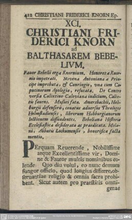 XCI. Christiani Friderici Knorn ad Balthasarem Bebelium