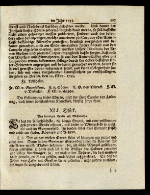 XLI. Stück. Von heuriger Ernde und Mißwachs.