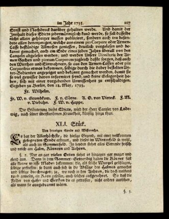 XLI. Stück. Von heuriger Ernde und Mißwachs.