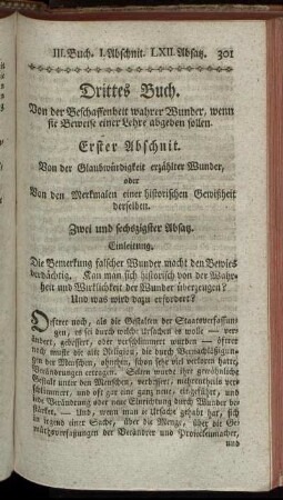 Erster Abschnit. Von der Glaubwürdigkeit erzählter Wunder, oder Von den Merkmalen einer historischen Gewißheit derselben