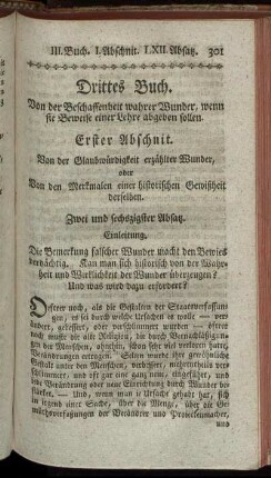 Erster Abschnit. Von der Glaubwürdigkeit erzählter Wunder, oder Von den Merkmalen einer historischen Gewißheit derselben