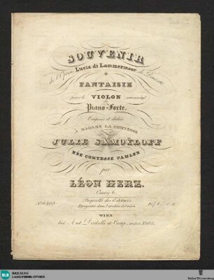 Souvenir de l'Opera: Lucia di Lammermoor, de Donizetti : fantaisie pour le violon; avec accompt. de piano-forte; oeuvre 6