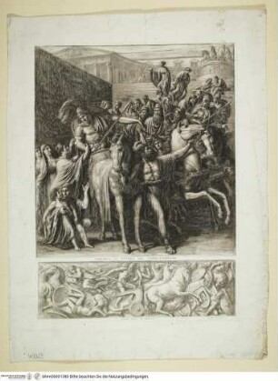 Zwei Bildfelder: 1. Hektor zieht in den Kampf; 2. Venus wird von Diomedes an der Hand verwundet - 1. Partenza di Ettore pel Combattimento; 2. Venere ferita da Diomede