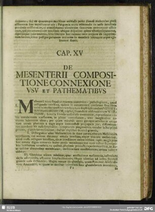 Cap. XV. De Mesenterii Compositione Connexione Usu Et Pathematibus