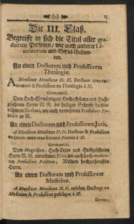 Die III. Claß. Begreifft in sich die Titul aller graduirten Personen / wie auch anderer Literatorum und Schul-Bedienten