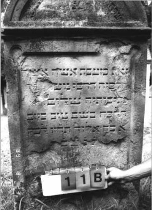Grabstein 11 (Index: 100110938) Material: Sandstein Zustand: im Giebel stark verwittert mit großem Textverlust, sonst Abschieferungen besonders am unteren Rand, geringer Textverlust Maße HxBxT: 137x79x15 cm Beschreibung: Stele, Rundbogenabschluß mit Verdachung, Schriftfeld eingetieft: Grabstein 11B