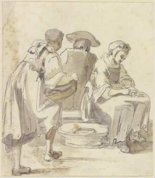 Zwei Wäscherinnen und ein vom Rücken gesehener sitzender Mann