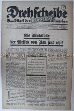 Völkisch-nationalistische Wochenzeitung "Drehscheibe" über die "Protokolle der Weisen von Zion"