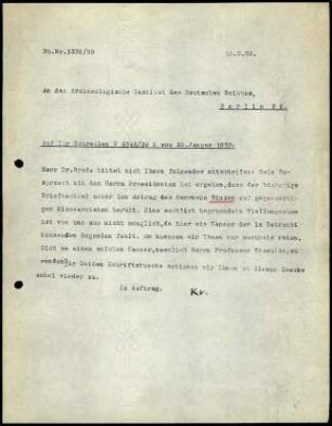 W. Kraiker an DAI Zentrale