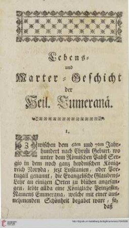 Lebens- und Marter Geschicht der Heil. Cumeranä