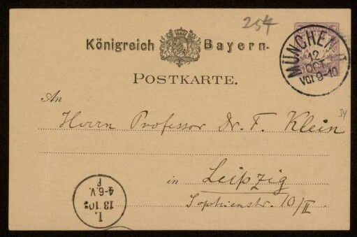 Nr. 254 Postkarte von Alexander von Brill an Felix Klein. München, 12.10.[1883]
