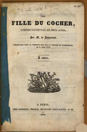 La fille du cocher : comédie-vaudeville en deux actes