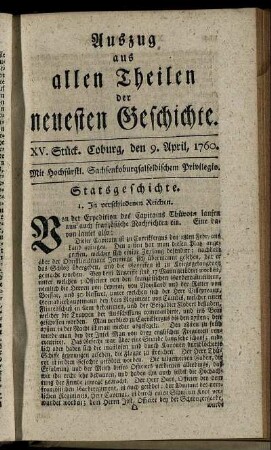 XV. Stück. Coburg, den 9. April, 1760.