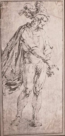 Männliche Figur im Mantel und Federbarett