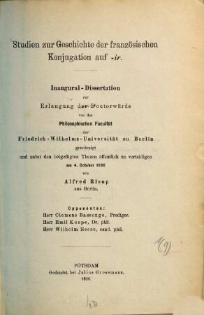 Studien zur Geschichte der französischen Konjugation auf -ir