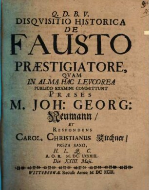 Disquisitio Historica De Fausto Praestigiatore