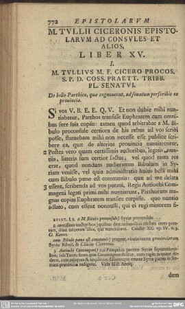 M. Tullii Ciceronis Epistolarum Ad Consules Et Alios, Liber XV.